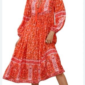 Bohemian Orange Floral Long Sleeve Dress